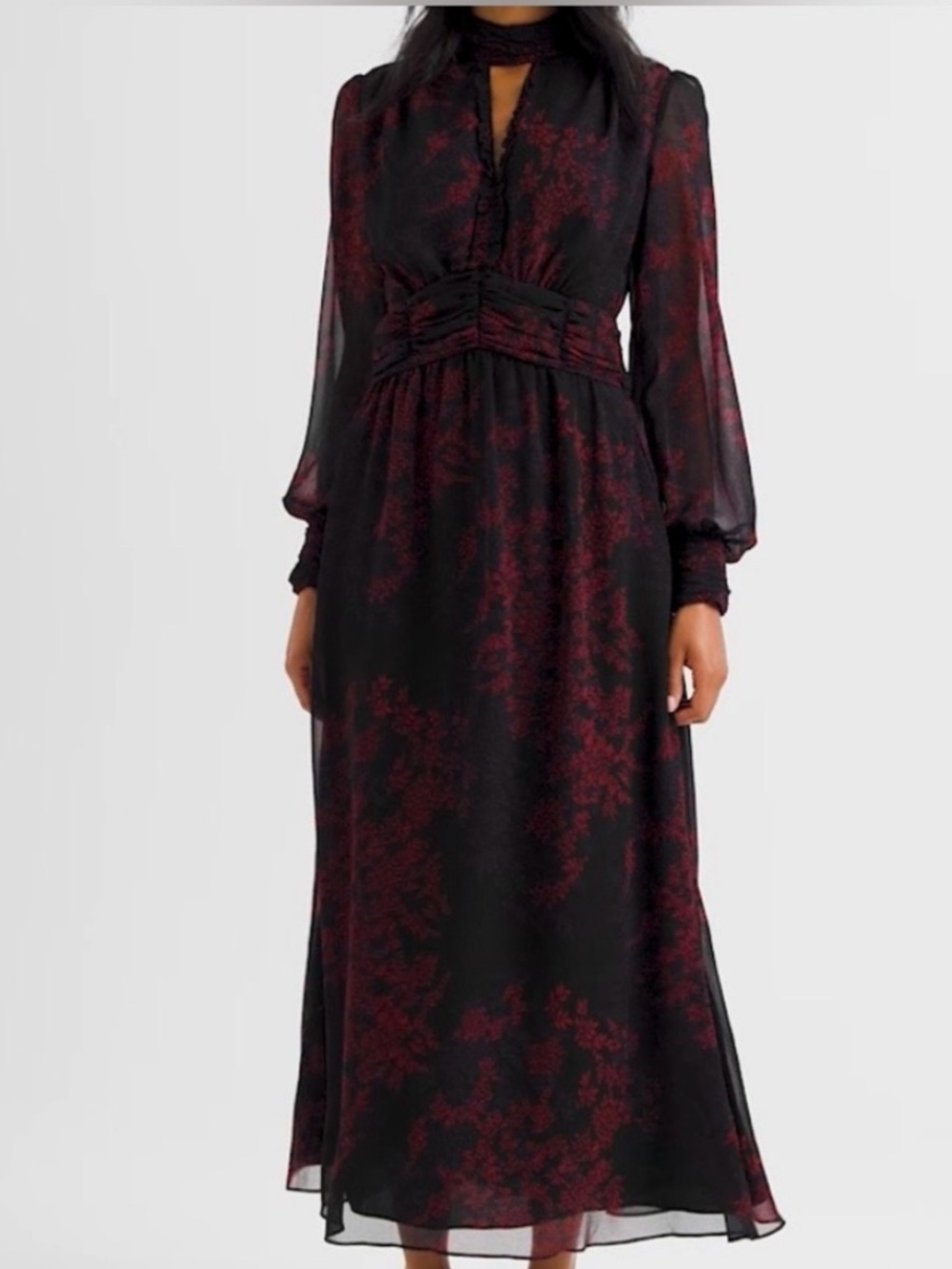 White House Black Market Black and Burgundy Floral Chiffon Maxi Dress